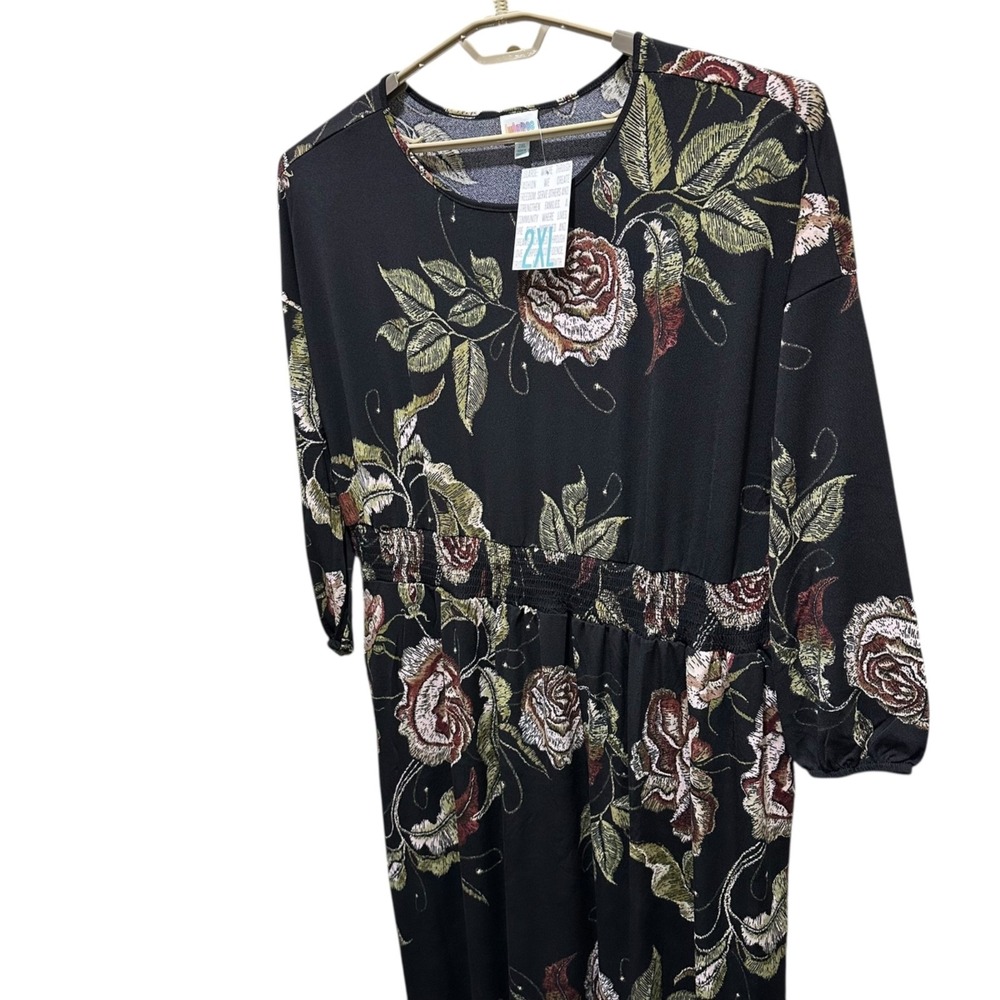 LuLaRoe Evelyn Smocked Waist Maxi Dress 2XL Black Floral Tiered Pockets NWT - Picture 5 of 8
